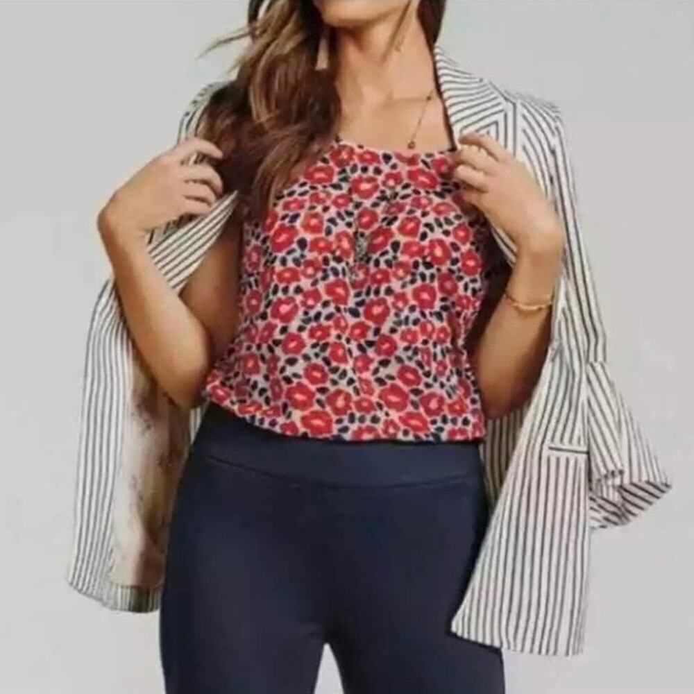 EUC *cabi* Women's Red Floral Open Back Layered Flipside Blouse Top S 5356